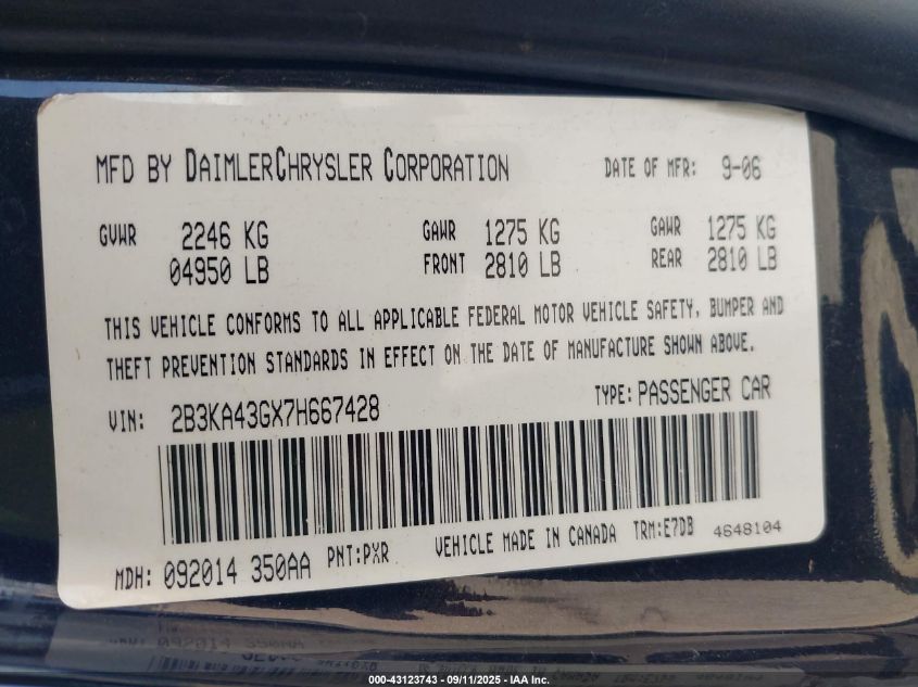 2007 Dodge Charger VIN: 2B3KA43GX7H667428 Lot: 43123743