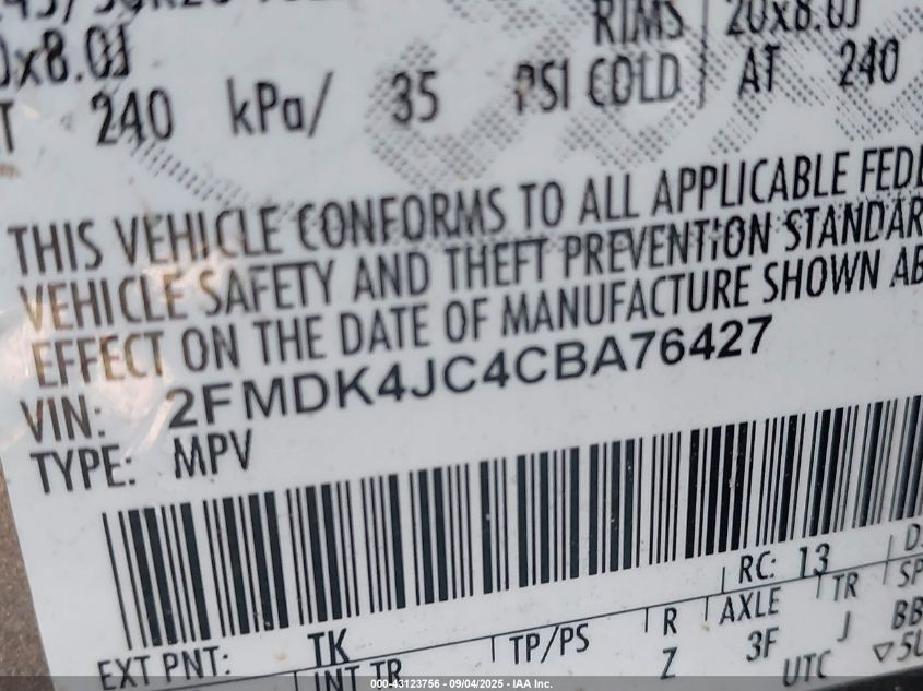 2012 Ford Edge Sel VIN: 2FMDK4JC4CBA76427 Lot: 43123756