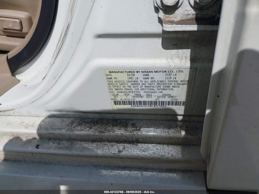 2008 Nissan Maxima 3.5 Sl VIN: 1N4BA41E28C837002 Lot: 43123766