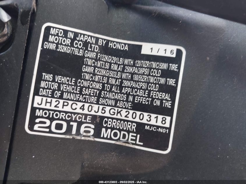 2016 Honda Cbr600 Rr VIN: JH2PC40J5GK200318 Lot: 43123803