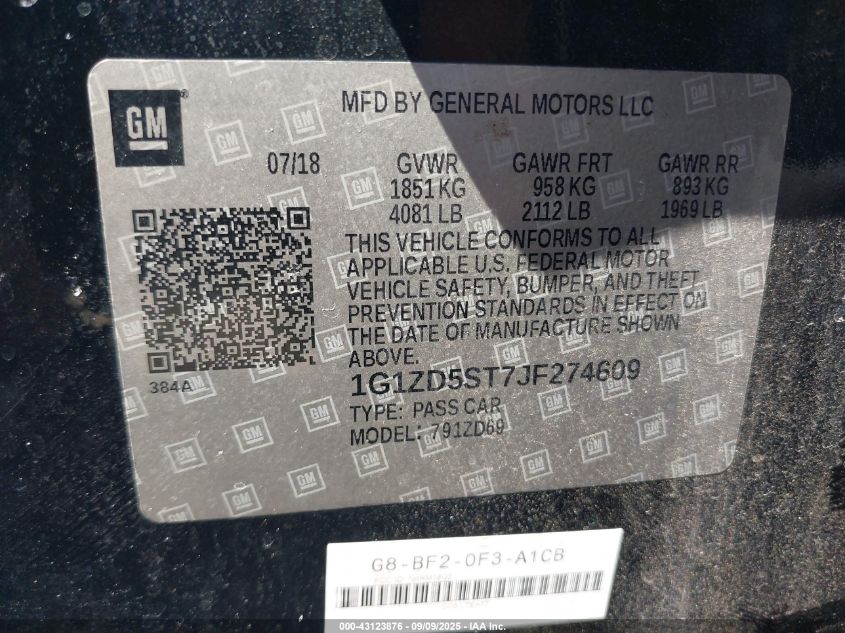 2018 Chevrolet Malibu Lt VIN: 1G1ZD5ST7JF274609 Lot: 43123876