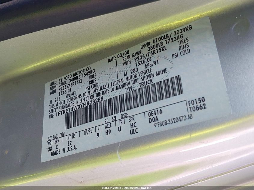 2000 Ford E-150 Commercial/Recreational VIN: 1FTRE14W0YHB23288 Lot: 43123933