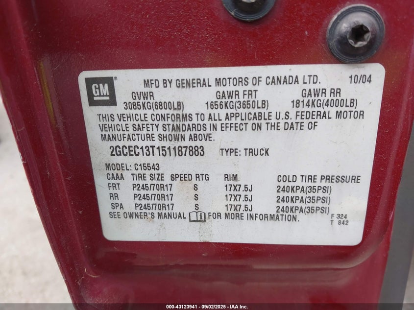 2005 Chevrolet Silverado 1500 Ls VIN: 2GCEC13T151187883 Lot: 43123941