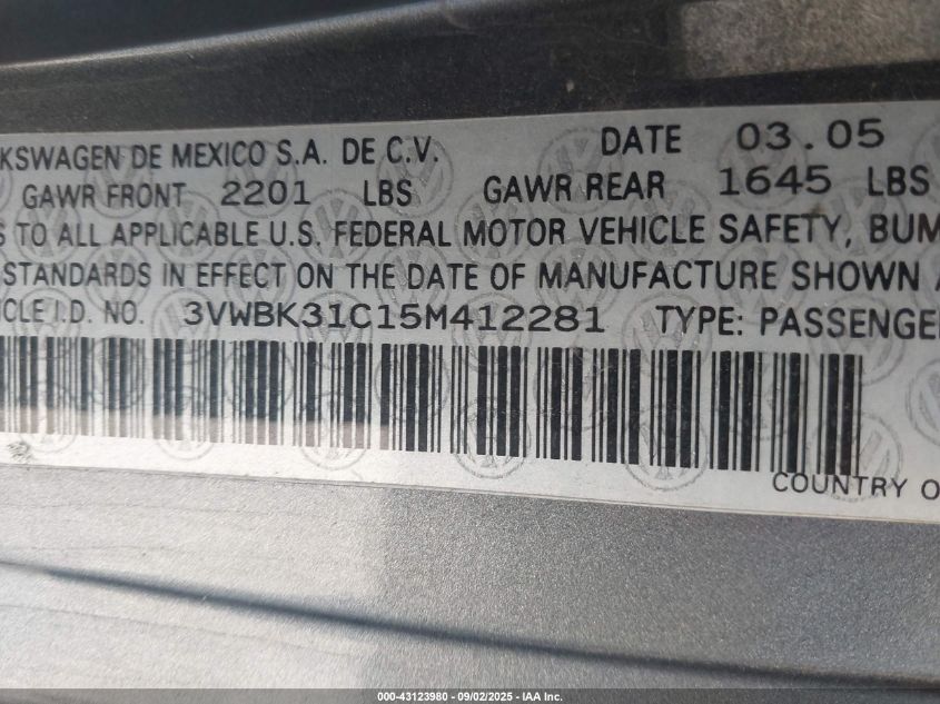 2005 Volkswagen New Beetle Gl VIN: 3VWBK31C15M412281 Lot: 43123980