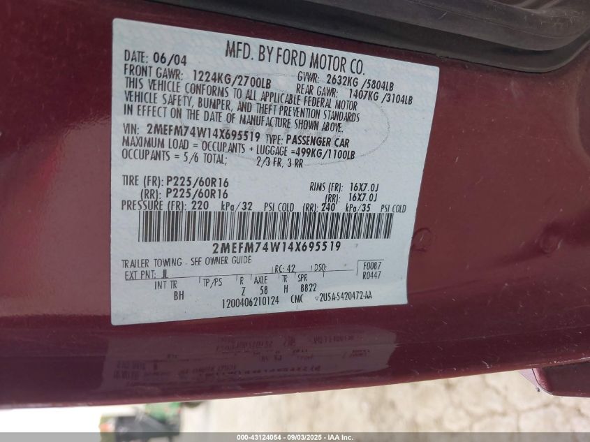 2004 Mercury Grand Marquis Gs VIN: 2MEFM74W14X695519 Lot: 43124054