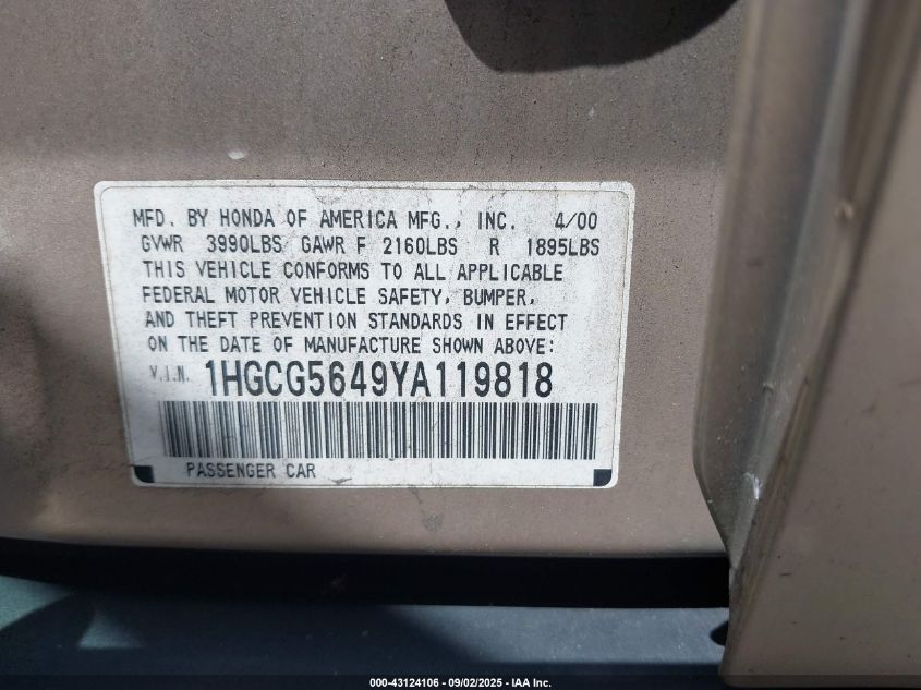 2000 Honda Accord 2.3 Lx VIN: 1HGCG5649YA119818 Lot: 43124106