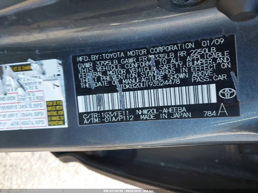 2009 Toyota Prius VIN: JTDKB20U193524478 Lot: 43124159