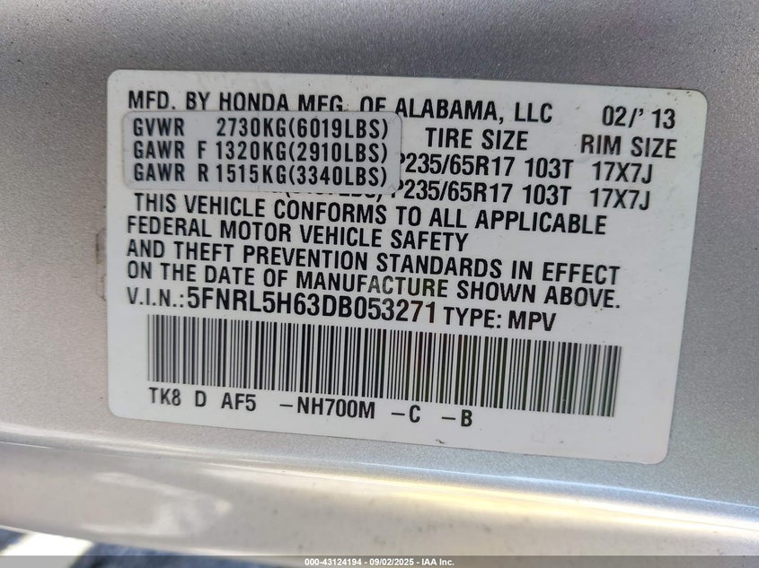 2013 Honda Odyssey Ex-L VIN: 5FNRL5H63DB053271 Lot: 43124194