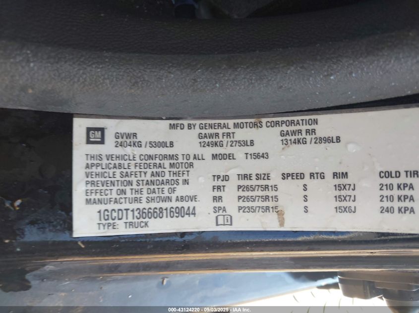2006 Chevrolet Colorado Lt VIN: 1GCDT136668169044 Lot: 43124220