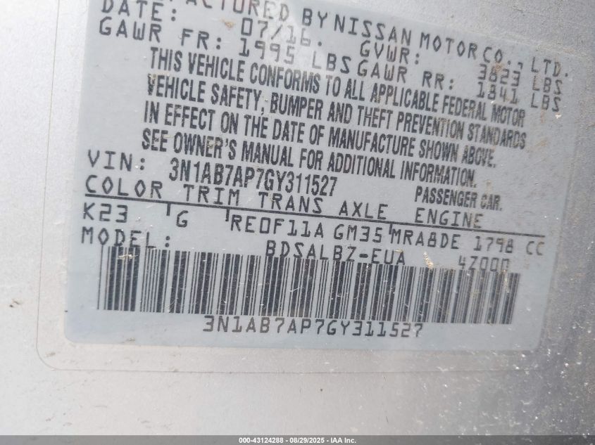 2016 Nissan Sentra S VIN: 3N1AB7AP7GY311527 Lot: 43124288