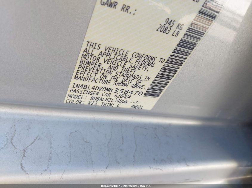 2021 Nissan Altima Sv Fwd VIN: 1N4BL4DV0MN358470 Lot: 43124337