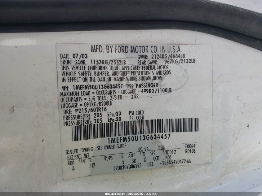 2003 Mercury Sable Gs VIN: 1MEFM50U13G634457 Lot: 43124341