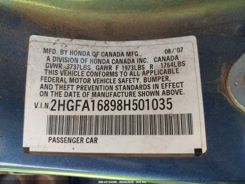 2008 Honda Civic Ex VIN: 2HGFA16898H501035 Lot: 43124369