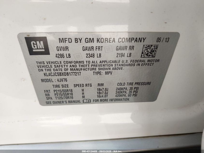 2013 Buick Encore Leather VIN: KL4CJCSBXDB177217 Lot: 43124408