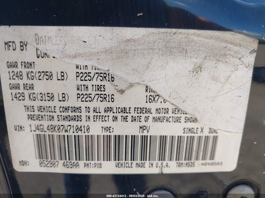 2007 Jeep Liberty Sport VIN: 1J4GL48K07W710410 Lot: 43124412