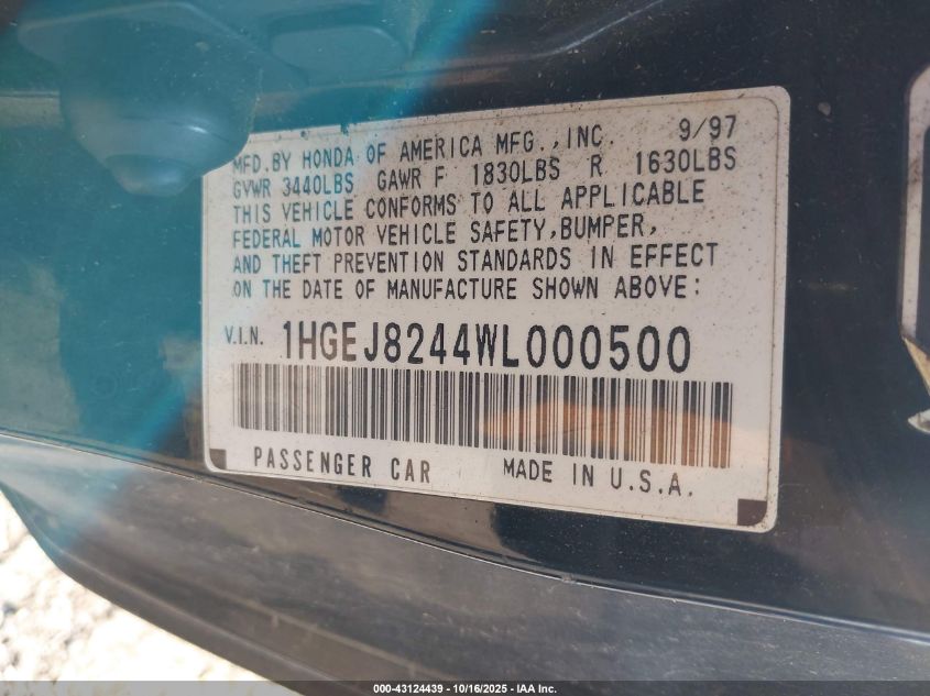 1998 Honda Civic Ex VIN: 1HGEJ8244WL000500 Lot: 43124439