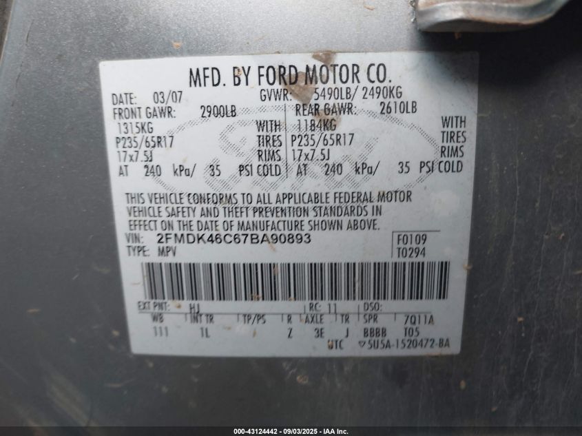 2007 Ford Edge Se VIN: 2FMDK46C67BA90893 Lot: 43124442