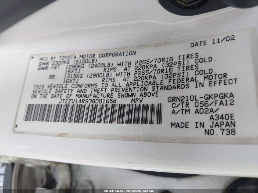 2003 Toyota 4Runner Sr5 Sport V6/Sr5 V6 VIN: JTEZU14R938001658 Lot: 43124476