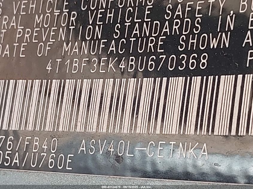 2011 Toyota Camry Le VIN: 4T1BF3EK4BU670368 Lot: 43124479