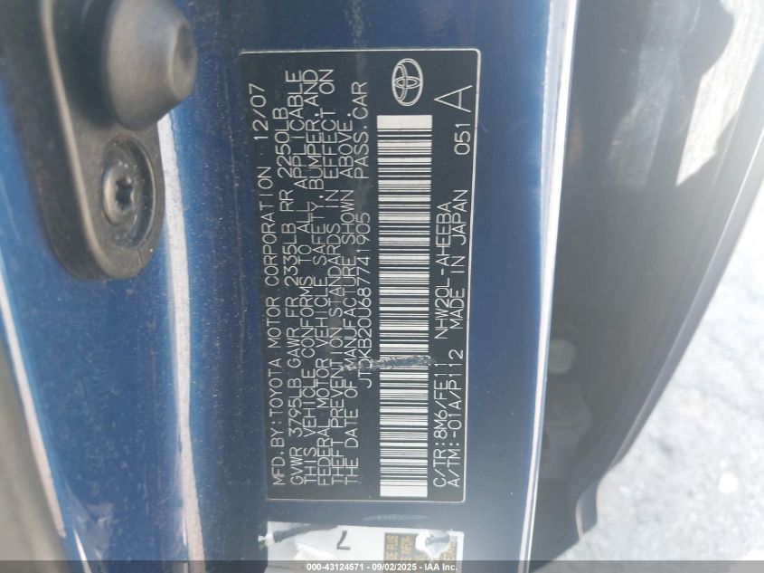 2008 Toyota Prius VIN: JTDKB20U687741905 Lot: 43124571