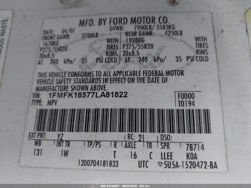 2007 Ford Expedition El Eddie Bauer VIN: 1FMFK18577LA81822 Lot: 43124601