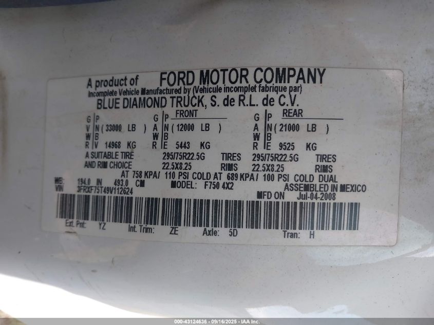 2009 Ford F-750 Xl/Xlt VIN: 3FRXF75T49V112624 Lot: 43124636