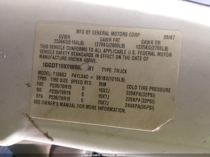 1998 Isuzu Hombre VIN: 1GGDT19X9W8650081 Lot: 43124670