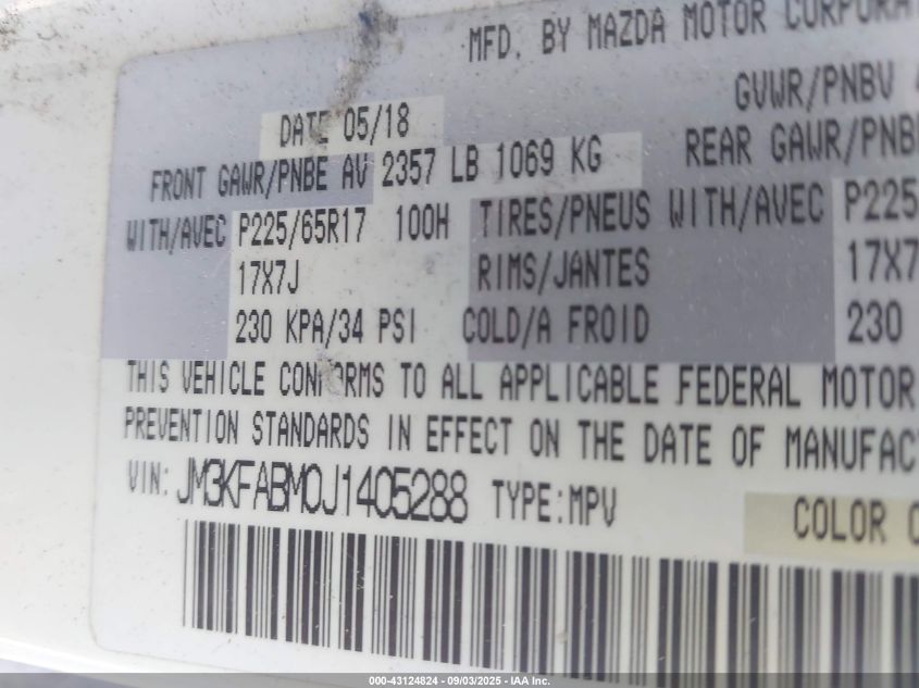 2018 Mazda Cx-5 Sport VIN: JM3KFABM0J1405288 Lot: 43124824