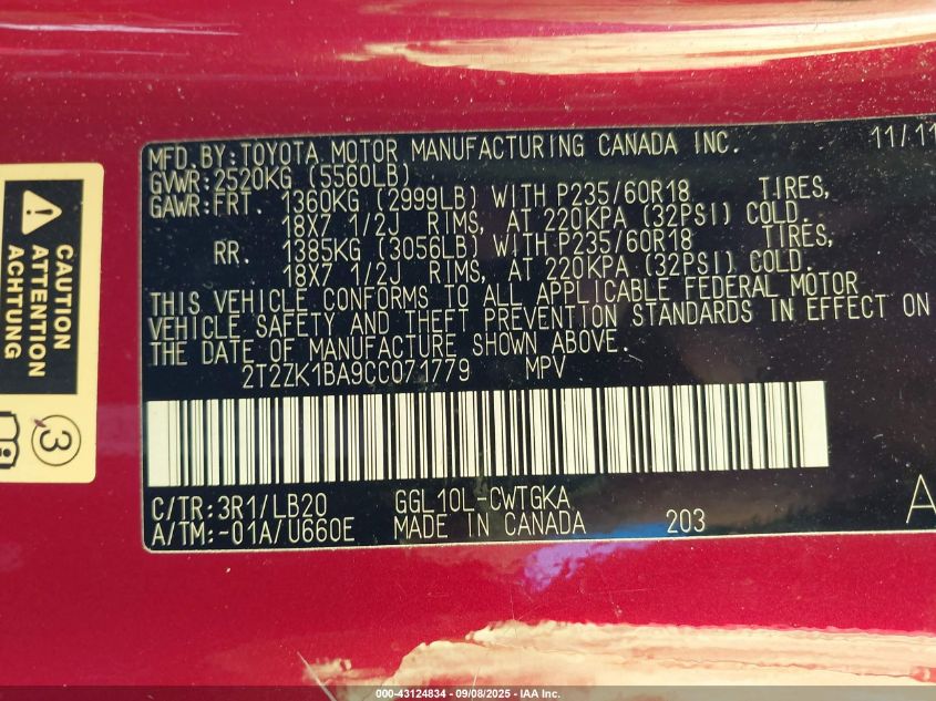 2012 Lexus Rx 350 VIN: 2T2ZK1BA9CC071779 Lot: 43124834