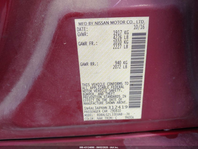 2017 NISSAN ALTIMA 2.5 S - 1N4AL3APXHN312419