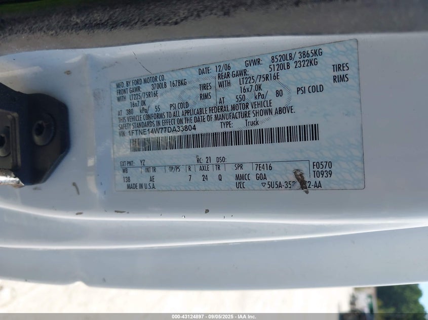 2007 Ford E-150 Commercial/Recreational VIN: 1FTNE14W77DA33804 Lot: 43124897