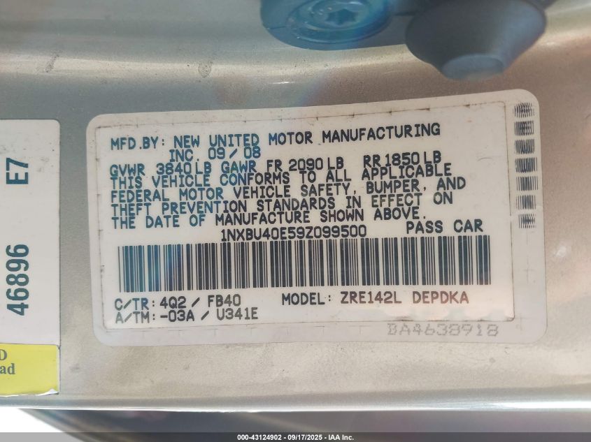 2009 Toyota Corolla VIN: 1NXBU40E59Z099500 Lot: 43124902