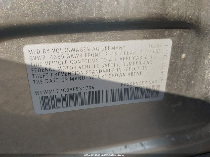 2009 Volkswagen Cc Sport VIN: WVWML73C09E534705 Lot: 43124953