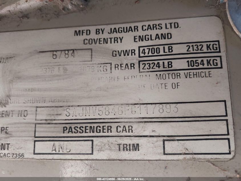 1985 Jaguar Xjs VIN: SAJNV5846FC117893 Lot: 43124956