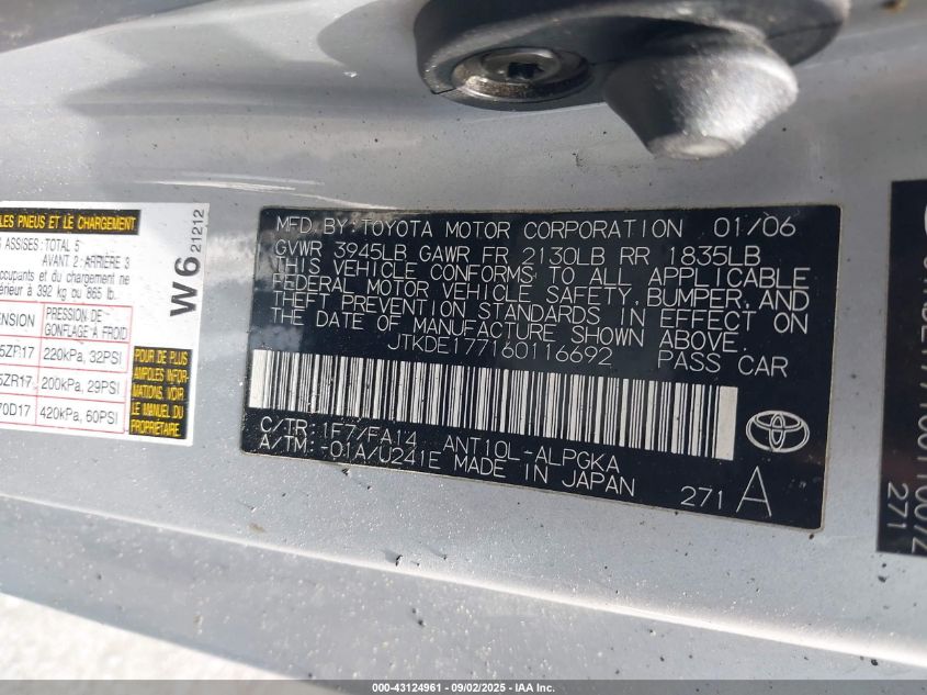 2006 Scion Tc VIN: JTKDE177160116692 Lot: 43124961