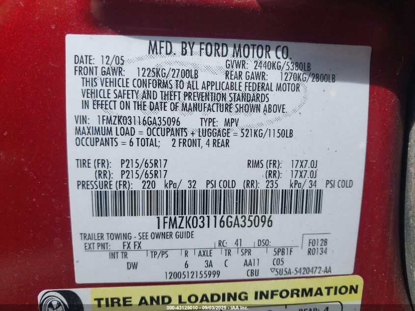 2006 Ford Freestyle Limited VIN: 1FMZK03116GA35096 Lot: 43125010