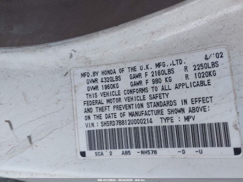 2002 Honda Cr-V Ex VIN: SHSRD78812U000214 Lot: 43125022