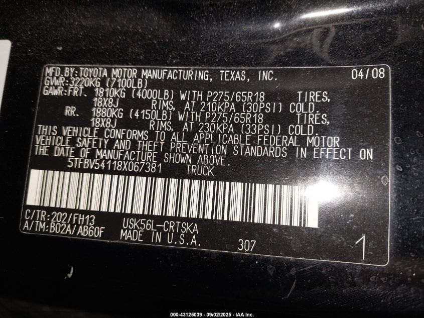 2008 Toyota Tundra Sr5 5.7L V8 VIN: 5TFBV54118X067381 Lot: 43125039