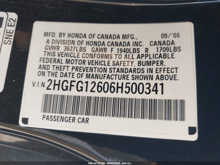 2HGFG12606H500341 2006 HONDA CIVIC photo no. 9