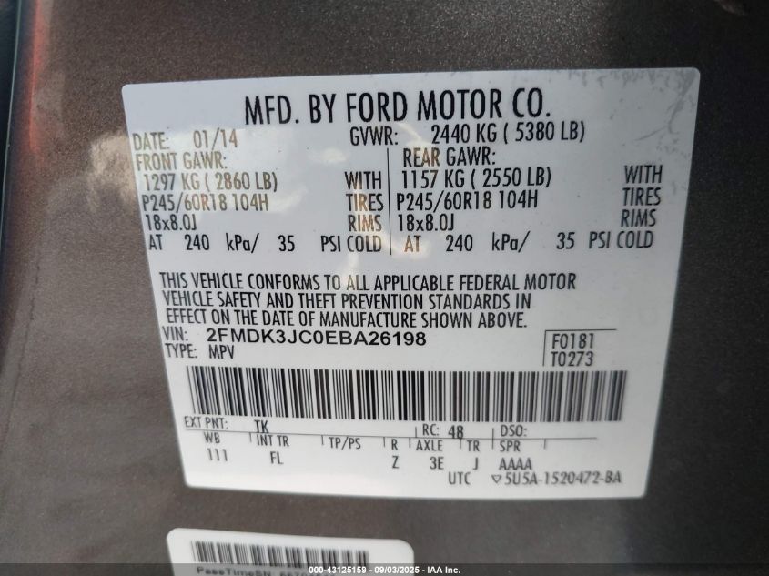 2014 Ford Edge Sel VIN: 2FMDK3JC0EBA26198 Lot: 43125159