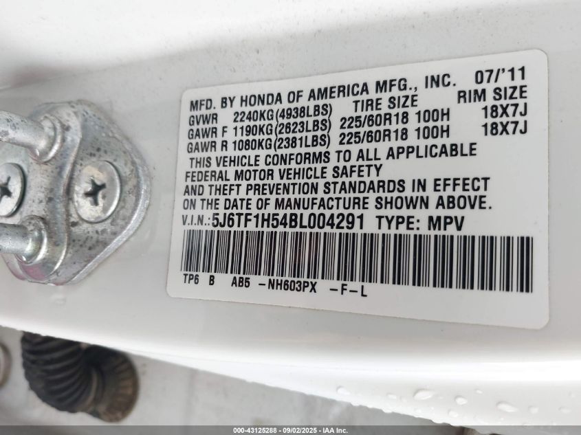 2011 Honda Accord Crosstour Ex-L VIN: 5J6TF1H54BL004291 Lot: 43125288