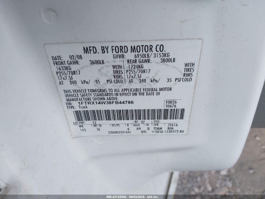 2008 Ford F-150 Stx/Xl/Xlt VIN: 1FTRX14W38FB44786 Lot: 43125300