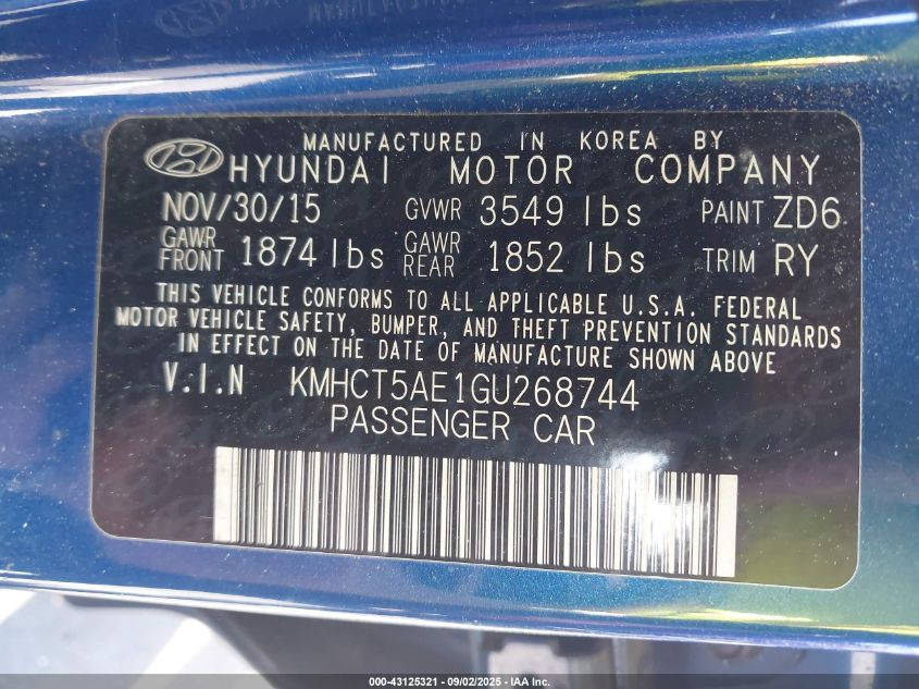 2016 Hyundai Accent Se VIN: KMHCT5AE1GU268744 Lot: 43125321