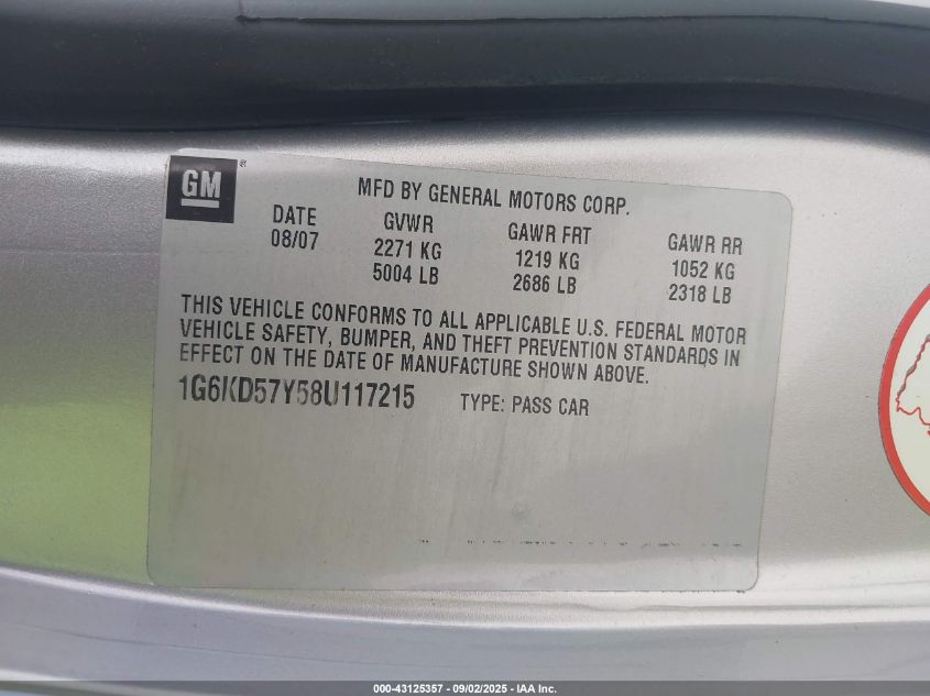 2008 Cadillac Dts 1Sa VIN: 1G6KD57Y58U117215 Lot: 43125357