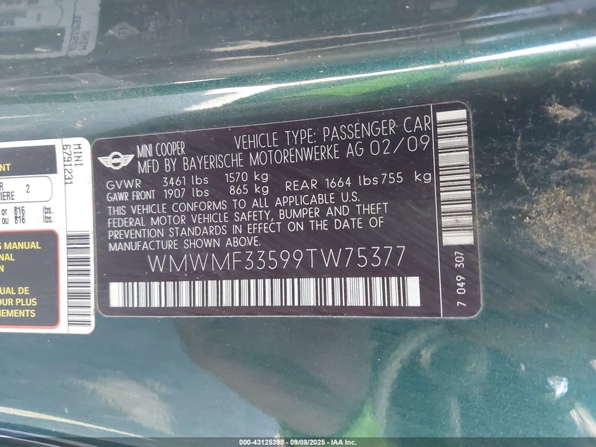 2009 Mini Cooper VIN: WMWMF33599TW75377 Lot: 43125398