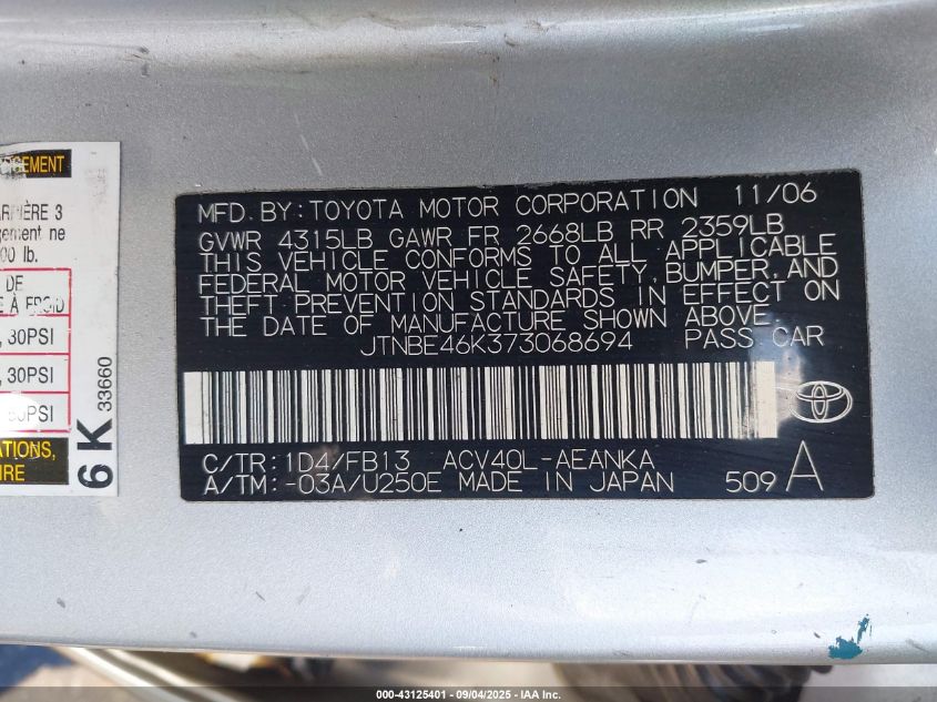 2007 Toyota Camry Le VIN: JTNBE46K373068694 Lot: 43125401