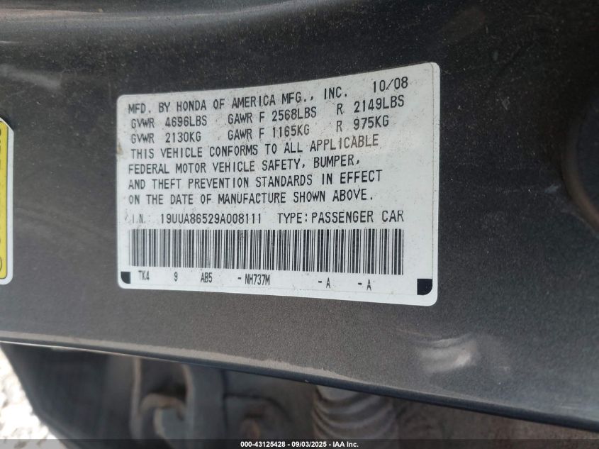 2009 Acura Tl VIN: 19UUA86529A008111 Lot: 43125428