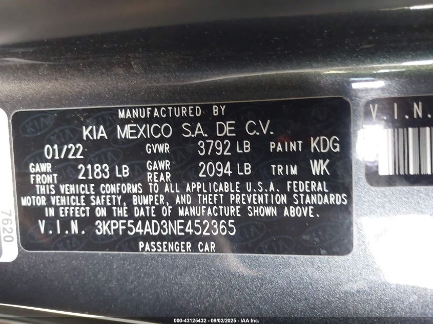 2022 Kia Forte Gt-Line VIN: 3KPF54AD3NE452365 Lot: 43125432