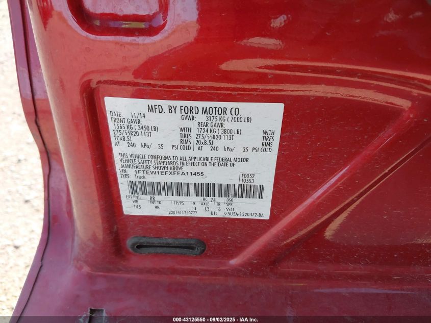 2015 Ford F-150 Platinum VIN: 1FTEW1EFXFFA11455 Lot: 43125550