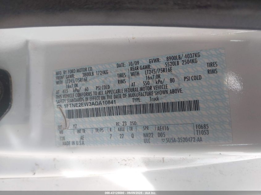 2010 Ford E-250 Commercial/Recreational VIN: 1FTNE2EW3ADA10841 Lot: 43125580